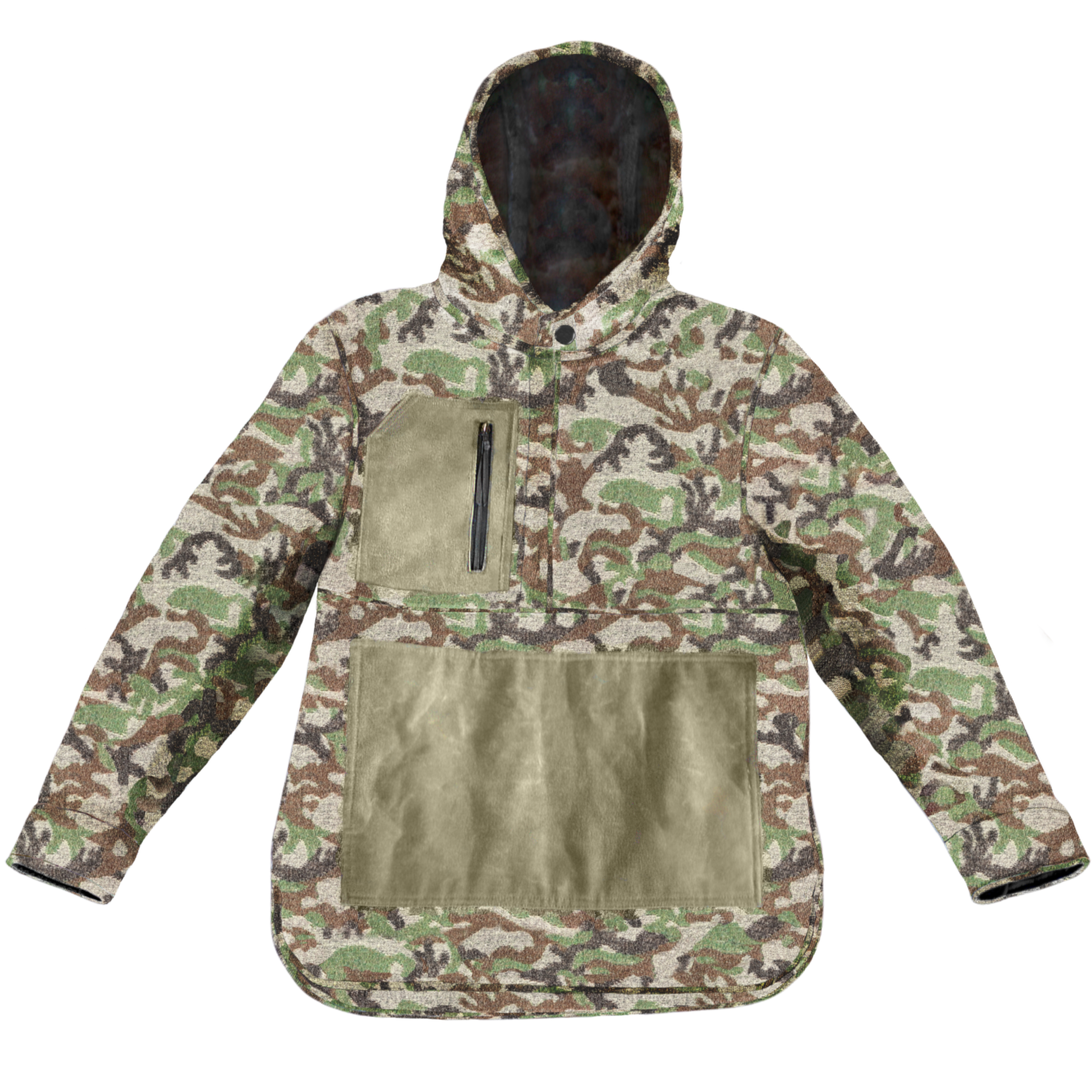 Camouflage anorak hoodie（KHAKI） Hood River Anorak; your hoodie just grew up. Unisex design, men's